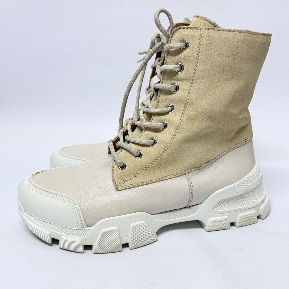 Aquatalia Cream Leather Tan Suede Shearling Combat Boots Lug Sole Mens 9M